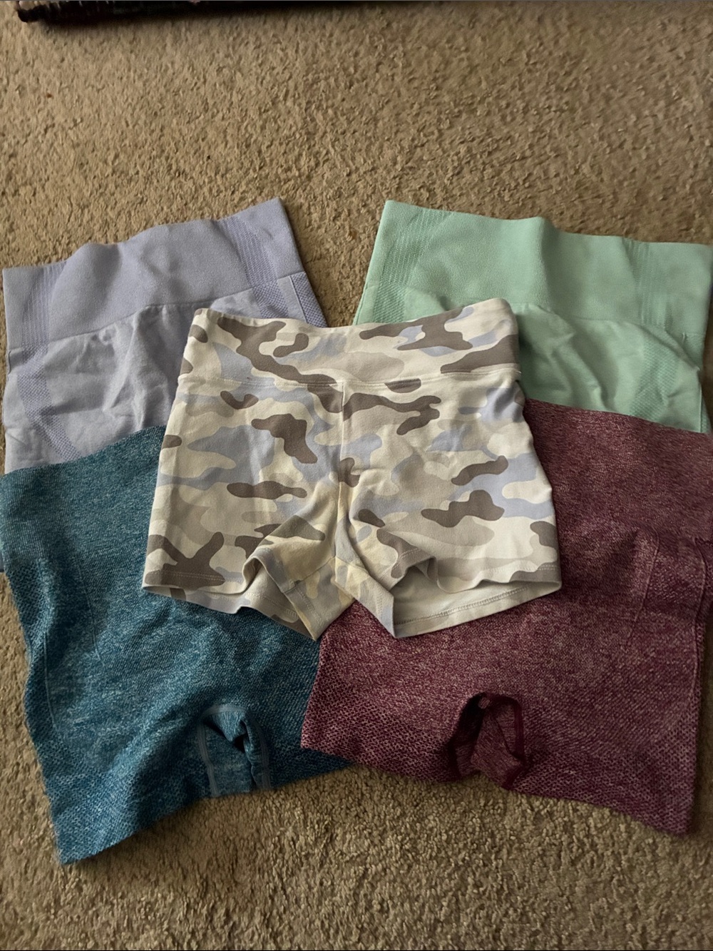 5 Pieces Women’s High-Waist Performance Shorts - Red, Blue, Green, and Camo colo